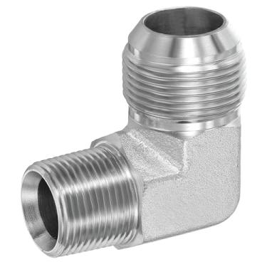 Imagem de PATIKIL Adaptador de tubo de 90 graus, 1-5/40.6 cm macho 37° Flare JIC x 3/10.2 cm conector macho BSPT encaixe de cotovelo de aço carbono para ar fluido hidráulico combustível água óleo, prata