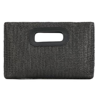Imagem de Fecialy Bolsa clutch de palha com alça superior para mulheres ráfia para noite bolsa de praia de verão bolsa transversal, Preto