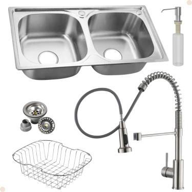 Imagem de Kit Cuba Dupla Inox + Acessórios Com Torneira Gourmet Misturador Monocomando Extensível Aço Escovado