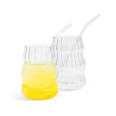 Imagem de sweet grain Conjunto de 2 copos de vidro canelados, conjunto de copos de 510 g, copo com canudo para café gelado, suco e leite