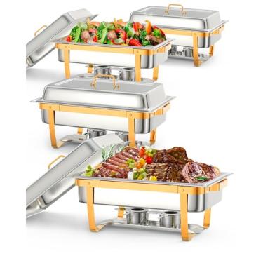 Imagem de Conjunto de buffet de pratos por atrito, pacote com 4 unidades, pratos retangulares para buffet com suporte de tampa, aquecedores de alimentos com colher e pinças para cozinha, festa, banquete,