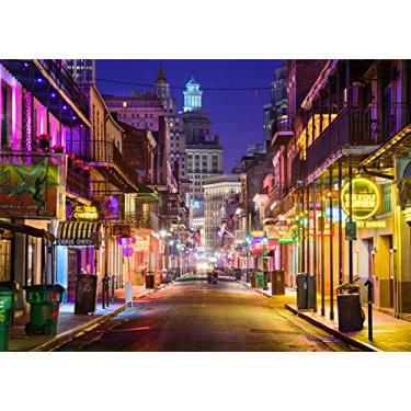 Imagem de BELECO Tecido de 4,6 x 3 m New Orleans Bourbon Street Pano de fundo para fotografia Mardi Gras, vida noturna de Nova Orleans, pubs e bares de rua com luzes de néon, fundo de quarto francês, adereços