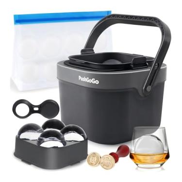 Imagem de PushGoGo Máquina de bola de gelo transparente, quatro bolas de gelo transparentes de 6 cm grandes para uísque, coquetéis, bourbon, formas de esfera de gelo de silicone sem BPA com bolsa de