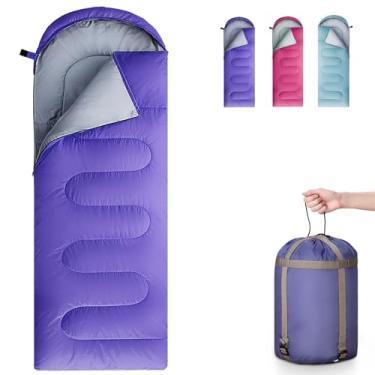 Imagem de COLIKESEA Sacos de dormir para adultos, adolescentes e crianças - Use para 3-4 estações, clima quente e frio - leve, impermeável, uso para mochilão, caminhada e acampamento (roxo/zíper direito)