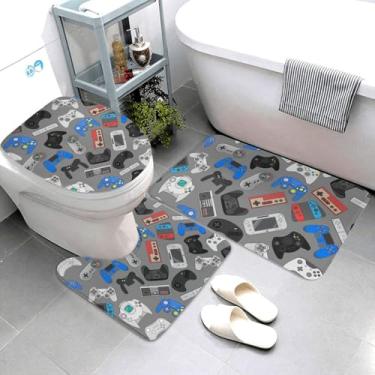 Imagem de Jbofyee Conjunto de tapetes de banheiro com controle de videogame, fundo cinza, tapete de banheiro + tapete de contorno + capa de assento de vaso sanitário, tapete de microfibra macia antiderrapante
