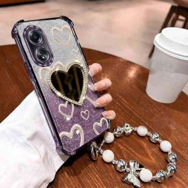 Imagem de Airbag Pulseira Glitter Amor Coração Espelho de Maquiagem Capa de Telefone para Oppo A54 A55 A57 A58 A76 A77 A78 a96 4G 5G Capa, Roxo, Para Oppo A96 4G