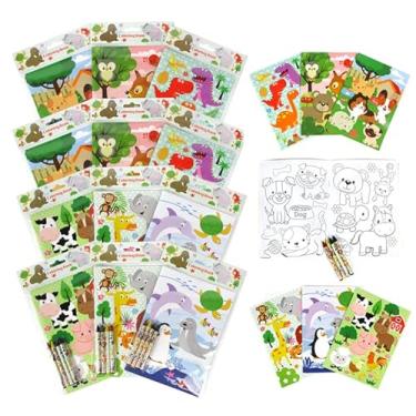 Imagem de TINYMILLS Livros de colorir de amigos animais para crianças com 12 livros de colorir e 48 giz de cera, enchimento de saco de brindes, lembrancinhas de festa de animais variados, recompensas de sala de