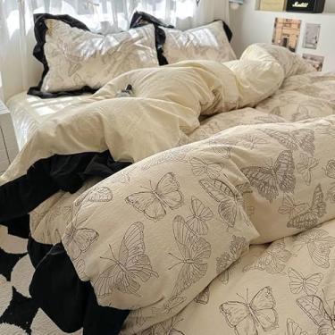 Imagem de zeyekuku Conjunto de capa de edredom de 4 peças, tamanho queen, algodão lavado, ultra macio, inclui 1 capa de edredom com laços de zíper, 1 lençol com elástico com saia para cama, 2 fronhas de renda