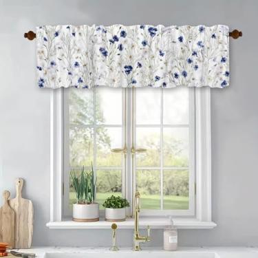 Imagem de Cortinas curtas de tratamento de janelas florais para primavera, verão, azul, cortinas blackout para banheiro, quarto, sala de estar, 137 x 45 cm