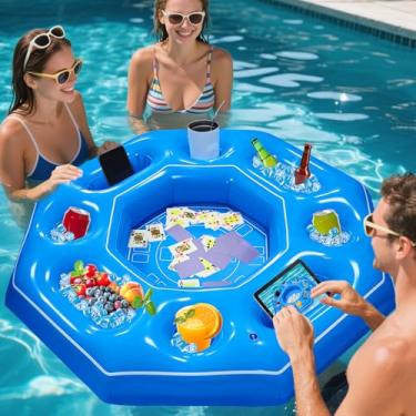 Imagem de Lanathel Mesa de jogo inflável octogonal com cartas de baralho à prova d'água, jogos de bar de sinuca inflável para adultos, bandeja de bar portátil flutuante para banheira de hidromassagem ou festa
