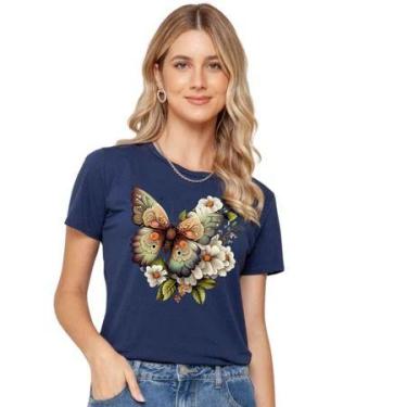 Imagem de Camiseta Feminina Blusa T-Shirt Estampa de Borboleta com Flores Várias