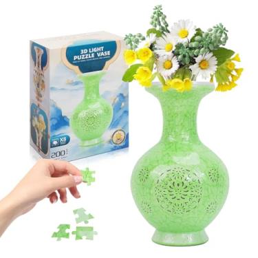 Imagem de Quebra-cabeças 3D de LED para adultos, vaso exclusivo, decoração floral, design de cristal de gelo, verde sereno - arranjos de flores, decoração de casa