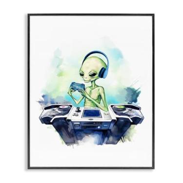 Imagem de Stupell Industries Tech Alien Playing Video Games Arte giclée emoldurada preta, design por Lil' Rue, 28 x 35 cm