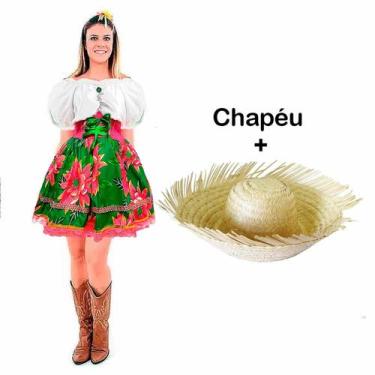 Imagem de Vestido Caipira Feminino Adulto Festa Junina de Luxo + Chapéu - Fantas