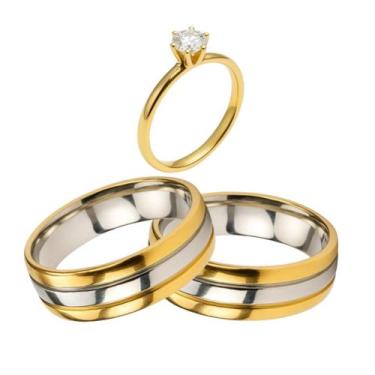 Imagem de Par Anel Friso Prata Noivado Ouro 18k 6mm + Anel Solitário 2mm Pedra Z