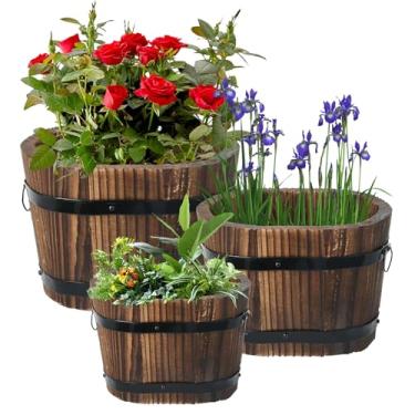 Imagem de Hlimior 3 plantadores de barril de uísque de madeira, vasos de flores de madeira com alças de metal, 3 tamanhos, baldes de madeira, vasos de árvore para plantas domésticas de jardim interno e externo