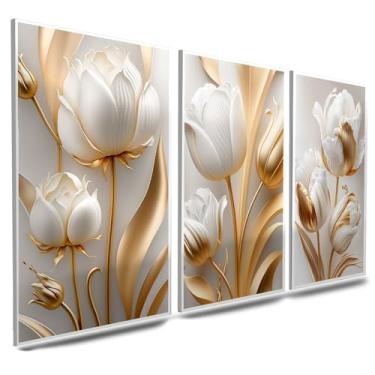 Imagem de Quadros Decorativos Flor Tulipa Dourada e Branca 3 Peças Mosaico Sala Quarto Escritório (01, Tamanho 20x30 Centímetros)