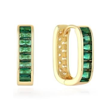 Imagem de Vesitim Brincos de argola de ouro Huggie hipoalergênicos, feminino, zircônia cúbica, joia presente, Cobre, Esmeralda