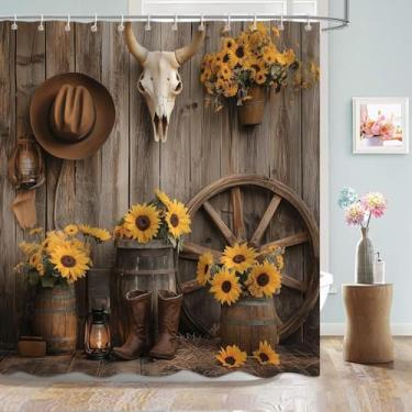 Imagem de Cortinas de chuveiro caubói ocidental, conjunto de cortina de chuveiro rústica com porta de celeiro de vaca e caveira, vintage, estilo fazenda, girassol, floral, para decoração de banheiro, tecido