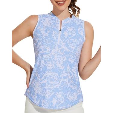 Imagem de M MOTEEPI Camisas de golfe femininas sem mangas camisa polo de tênis gola zíper regatas roupas de golfe verão, Padrão azul claro, P