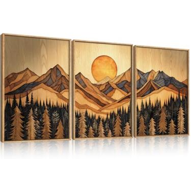 Imagem de Ausril Conjunto de arte de parede em tela emoldurada de pinheiro de montanha em xilogravura de 7,6 cm x 61 cm, estampa de paisagem selvagem da natureza vintage, pintura marrom estilo boho para sala de