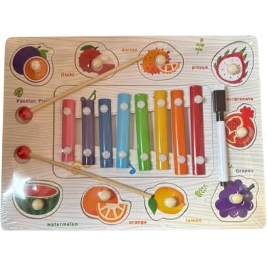 Imagem de Xilofone Infantil Musical Educativo 2 em 1, 8 Notas Coloridas, com Quebra-Cabeça de Frutas e Baquetas, Brinquedo de Madeira
