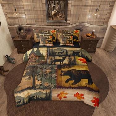 Imagem de Erosebridal Conjunto de edredom rústico de casa de fazenda, 7 peças, tamanho casal, chalé retrô, cama de animais selvagens de Natal ocidental, lençol de cama com folhas de bordo ramos mortos, colcha