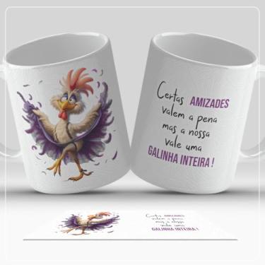 Imagem de Caneca de Cerâmica com Estampa de Galinha Dançante, Mensagem Amizade em Português, 300ml, Branca