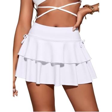 Imagem de Girece Saias curtas plissadas para mulheres, mini saia com babados Y2K, saia rodada de cintura alta, saia patinadora em camadas elásticas, Branco, XX-Large