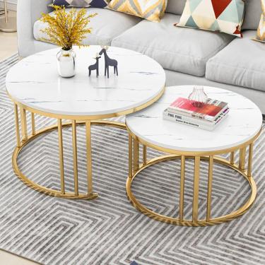 Imagem de Conjunto De Mesa De Café Aninhada, 2pcs Mesa De Cabeceira Redonda Para Móveis, Mesa De Café Com Tampo De Mármore Falso, Mesa Lateral De Sofá Com Estrutura De Metal Para Canto Econ, B