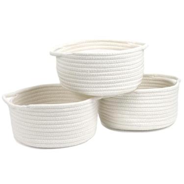 Imagem de Cesta pequena com alça, conjunto de 3 cestas de tecido branco de corda de algodão para organização, mini cestas decorativas fofas e redondas de armazenamento boho, cesto organizador de banheiro, cesta