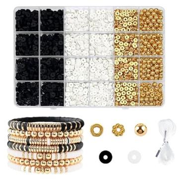 Imagem de 24 Grades de argila de polímero macio kit faça você mesmo pulseira da amizade, com contas espaçadoras douradas e cordão elástico (preto e branco)