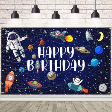 Imagem de AIBIIN Pano de fundo de feliz aniversário espaço sideral banner astronauta foguete foguete tema espaço decorações de festa de aniversário para crianças galáxia planeta festa pano de fundo 179,8 x 110