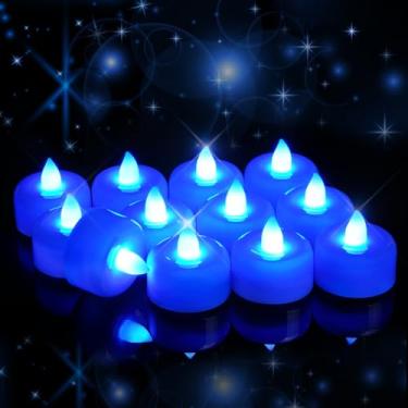 Imagem de Raycare Luzes azuis de chá operadas por bateria, pacote com 24 velas falsas de longa duração, luz de chá de LED sem chama, velas coloridas para casamento, centro de mesa, festa, Halloween, Natal