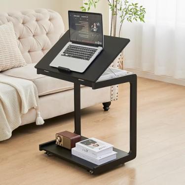 Imagem de Mesa de canto de madeira maciça em forma de C – Mesa de cabeceira lateral pequena para sofá com rodas, bandeja de TV moderna, mesas de sofá giratórias, mesa de cabeceira preta de madeira para quarto