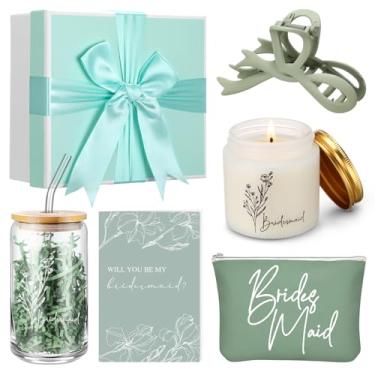 Imagem de SiliFine Conjunto de 6 peças de presentes de dama de honra para dama de honra, copo de vidro, bolsa de maquiagem, vela, presilhas de cabelo, cartão de proposta, caixa de presente de honra