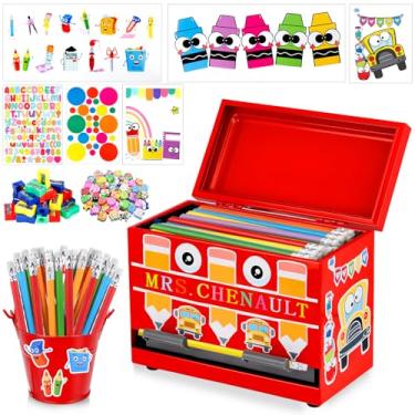 Imagem de Kit de dispensador de lápis de aço inoxidável, 159 peças, suporte de lápis para sala de aula com apontador, borrachas, adesivos, balde de metal, material de escritório essencial para professores de