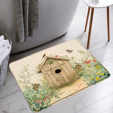 Imagem de AMFD Primitive Outhouse Tapete de banho vintage rústico casa de fazenda pássaro planta floral banheiro banheira tapetes de chão tapete decoração de vaso sanitário, 45,7 x 76,2 cm