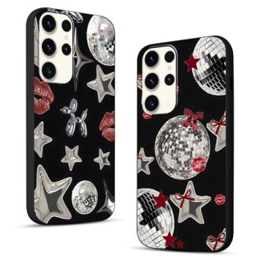 Imagem de Pacote com 2 capas de telefone legais Y2K para Samsung Galaxy S23 Ultra 5G 17.3 cm, Y3K Cute Stars Kawaii Bow Cases Impressão Lábios Bola de Discoteca Capa Padrão Fita Vermelha, Preta Fina Proteção