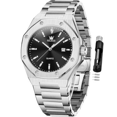 Imagem de OLEVS Relógio masculino para negócios, diamante, fácil leitura, analógico, luxuoso, data, aço inoxidável, à prova d'água, luminoso, relógio masculino, 3613 - prata preta, 3613-silver black, relógio