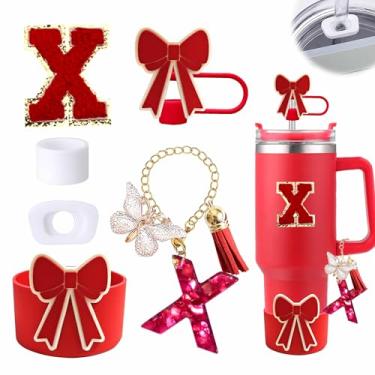 Imagem de Conjunto de 6 peças de acessórios para copo vermelho Stanley Cup 850 g 1,134 g copo com alça, incluindo tampa de cobertura de palha de silicone e bota de laço, tampa à prova de derramamento, pingente