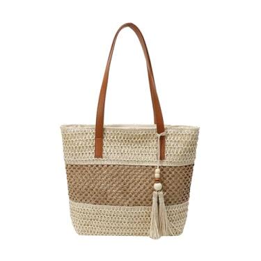 Imagem de Bolsa feminina de palha para o verão, praia, borlas, bolsa de ombro tecida à mão, Bege, 36cmx31cmx9cm