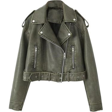 Imagem de Casaco Curto Casual De Couro Falso Dgyahm Wome's Vitage Fashio Casaco De Motocicleta Jaqueta Blazer Collar Zip Up, Grey Green, S
