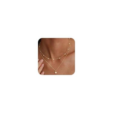Imagem de NECOCY Colar de pérolas para mulheres, delicado conjunto de corrente de pérolas banhadas a ouro 14 K, pingente moderno com contas simples, colar gargantilha para presente de casamento, formatura