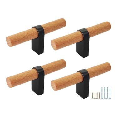Imagem de bociloy Puxadores de gaveta de madeira com barra em T, puxadores de armário de base de liga de zinco de madeira natural, puxadores de gavetas de cômoda de orifício único para cozinha, sala de estar