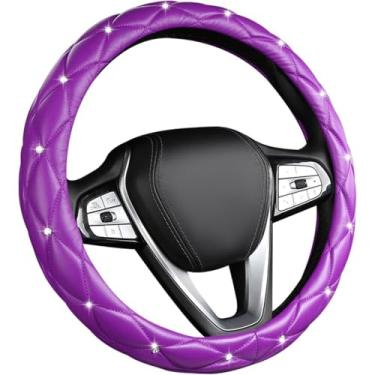 Imagem de Capa de volante de carro brilhante, capa de roda automotiva de couro macio antiderrapante de 38 cm, strass de cristal para mulheres e meninas, acessórios de decoração universal para carro (roxo)