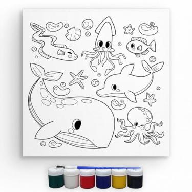Imagem de Kit Tela Para Pintura Com Tinta E Pincel Canvas 20x20cm (Animais Marinhos)