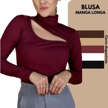 Imagem de Blusa Feminina Manga Longa Gola Alta Decote Recorte Tecido Canelado Fl