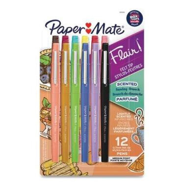 Imagem de Paper Mate Caneta de ponta porosa de feltro perfumada Flair, média 0,7 mm, tinta sortida e cores barril, pacote com 12