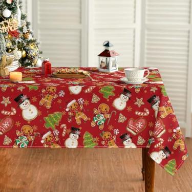 Imagem de Horaldaily Toalha de mesa retangular de Natal 152 x 213 cm, luva masculina de gengibre, árvores, boneco de neve, vermelha, lavável para decoração de festa, piquenique, jantar